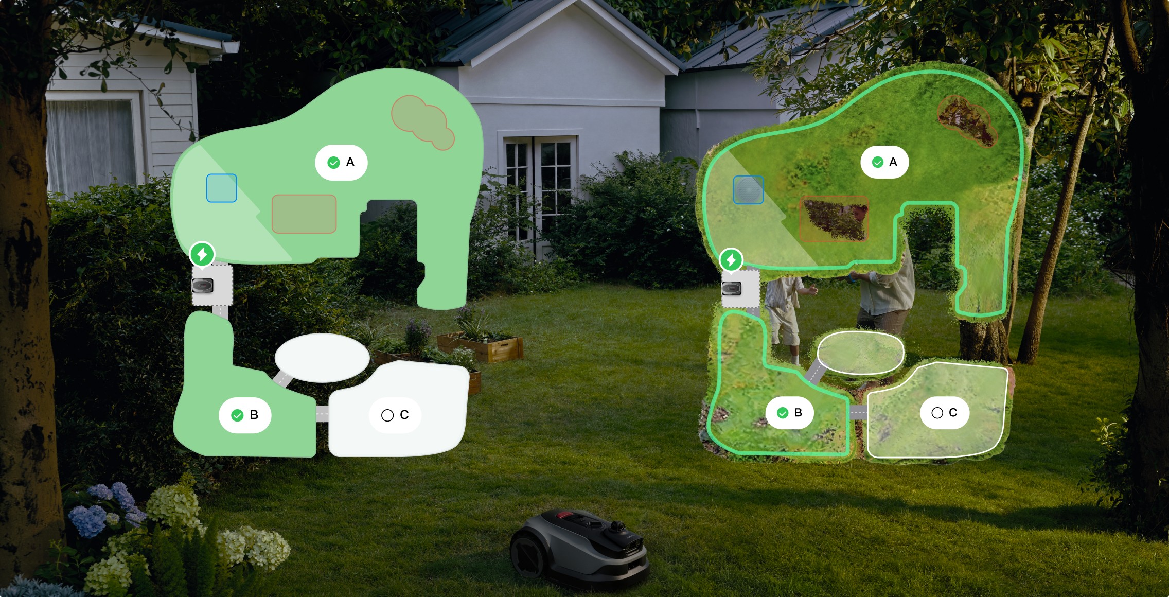 Live status dashboard displaying lawn mowing coverage and remaining time