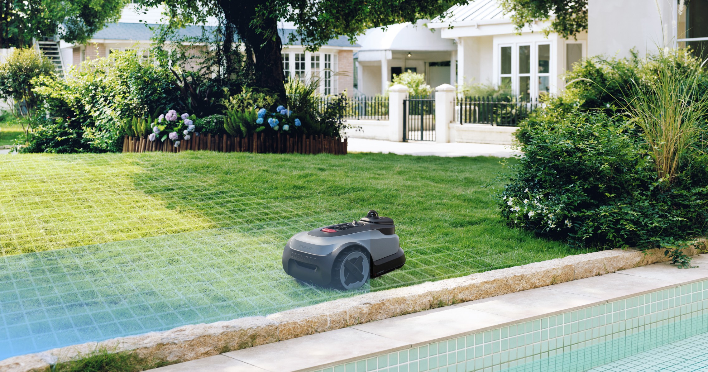 Intelligent boundary recognition mapping lawn edges automatically beside pool patio
